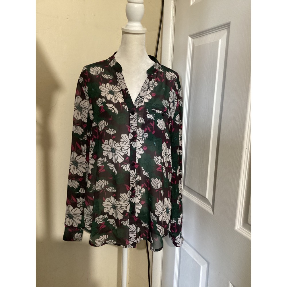Kut from the Kloth Floral Sheer Button Down Blouse Green Pink White M